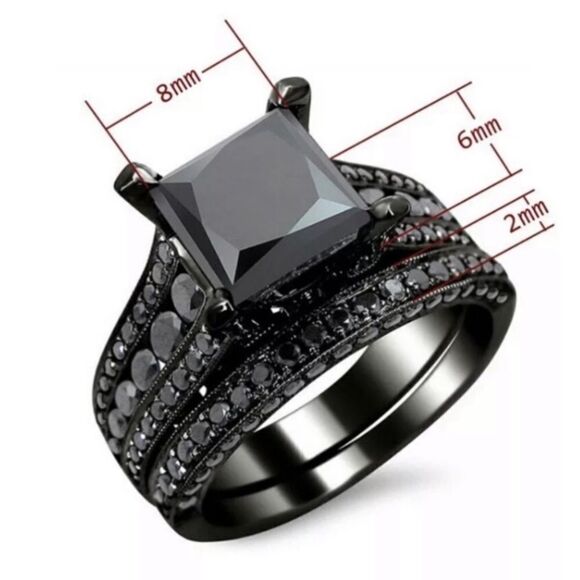 ✨Stunning Simulated Black Sapphire 2 pcs Wedding Eternity Band Ring Set 💍✨ - Picture 10 of 12